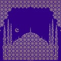 Silhouette of a mosque, a crescent with a star, in an arch from a traditional openwork oriental vector ornament.Free for text.